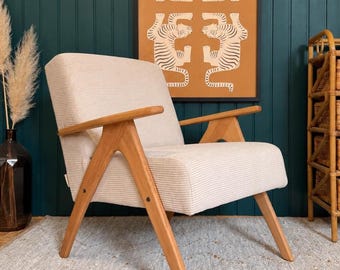 Handmade Mid Century Modern Armchair, Cream Upholstered Lounge Chair, Solid Beech Wood Frame