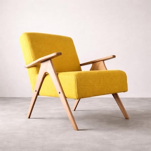 Yellow Mid-Century Beech Armchair | Compact Retro Accent Chair, Handmade Croatia – Free EU Shipping