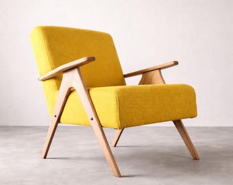 Yellow Mid-Century Beech Armchair | Compact Retro Accent Chair, Handmade Croatia – Free EU Shipping