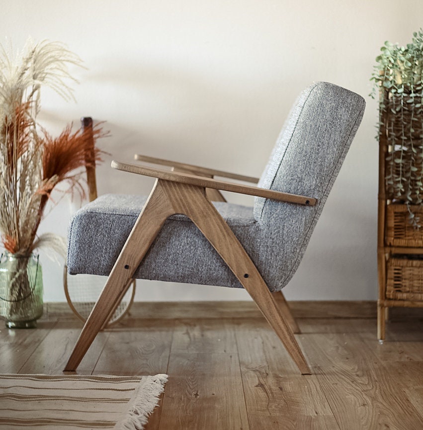 Mid Century Armchair Accent Chairs Vintage Armchair Gray Fabric