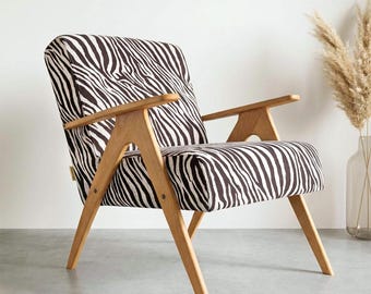 Zebra Print Armchair, Mid Century Accent Chair, Handmade Beech Frame