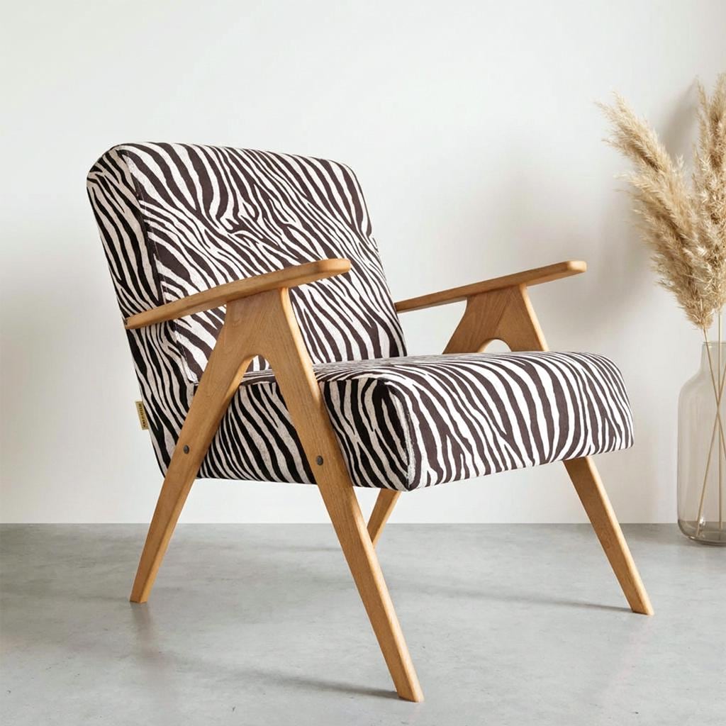 Zebra Print Armchair, Mid Century Accent Chair, Handmade Beech