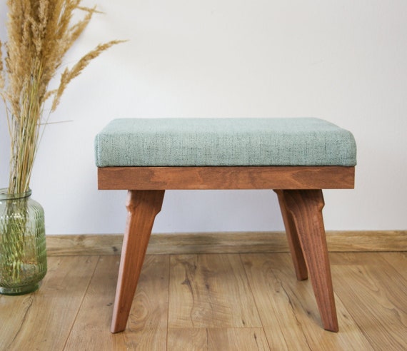 Handmade Mid-Century Modern Blue Ottoman with Beech Wood Legs