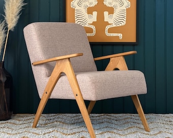 Mid Century Armchair: Dusty Pink Fabric, Solid Beech Frame, Handmade