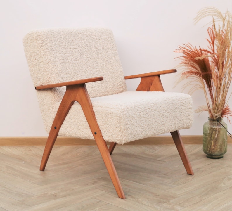 Vintage Boucle armchair and ottoman set, Teddy armchair