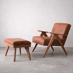 Handmade Mid-Century Faux Leather Armchair and Ottoman Set
