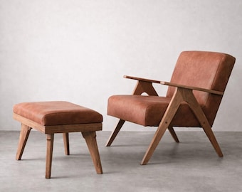 Handmade Mid-Century Faux Leather Armchair and Ottoman Set
