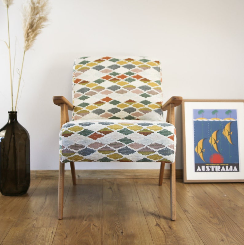 Mid Century Armchair, vintage armchair in Colorful fabric,