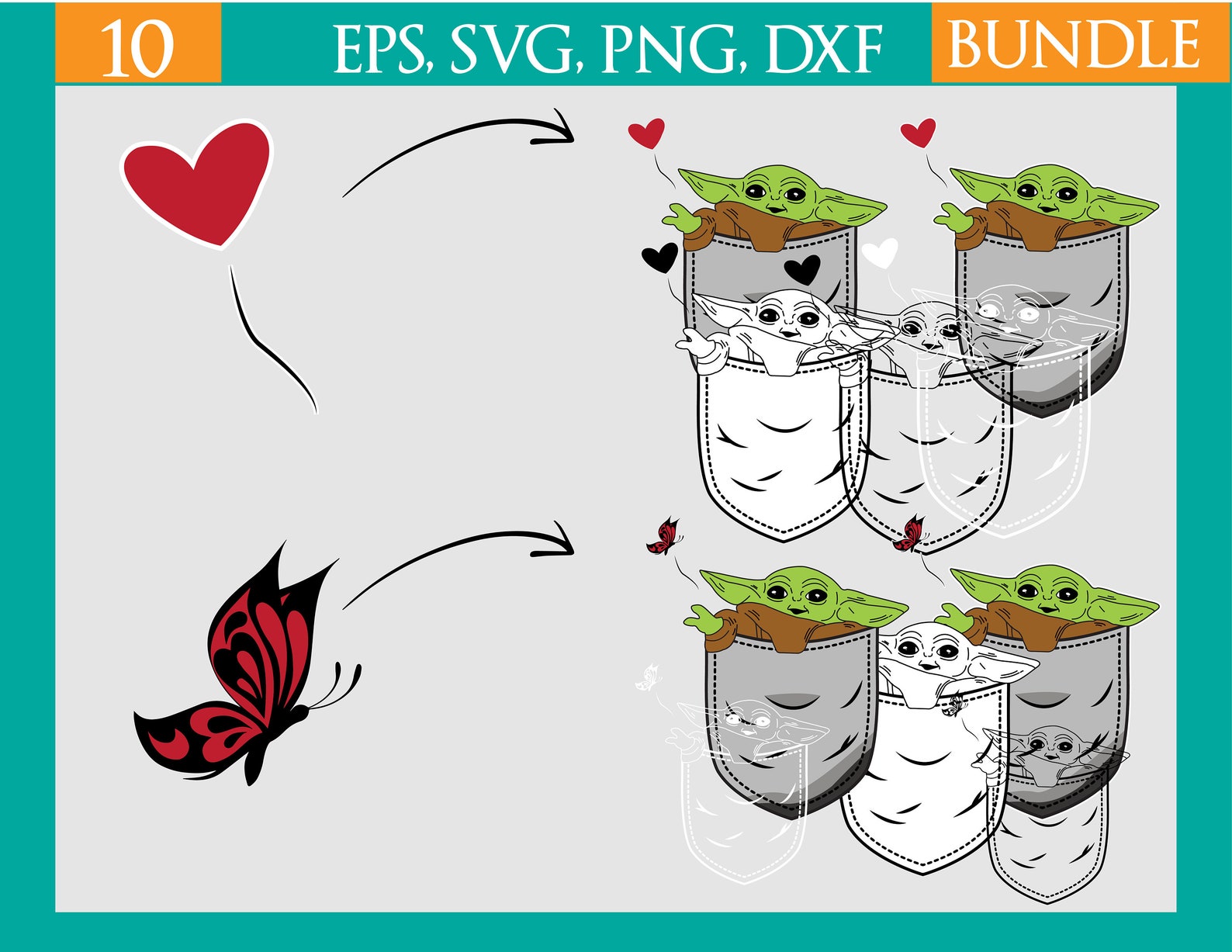 Baby Yoda Pocket Love and Butterflies Svg Baby Yoda Pocket Etsy
