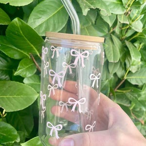 Super cute Pink Bow Sipper Glass, 16oz | Decorative Drinking Glass, Perfect for Gifts, Home Decor, Parties, and Celebrations, Girly vibes.