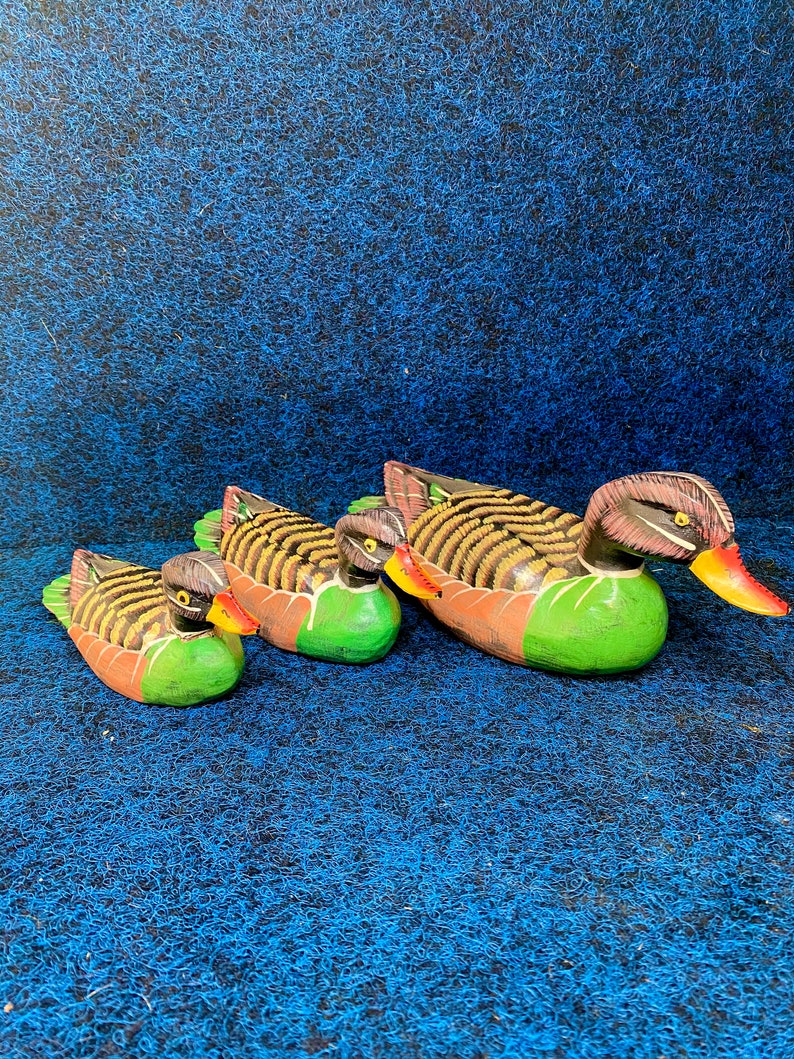 3 Set Wooden Ducks Hand Carved and Painted Solid Wood