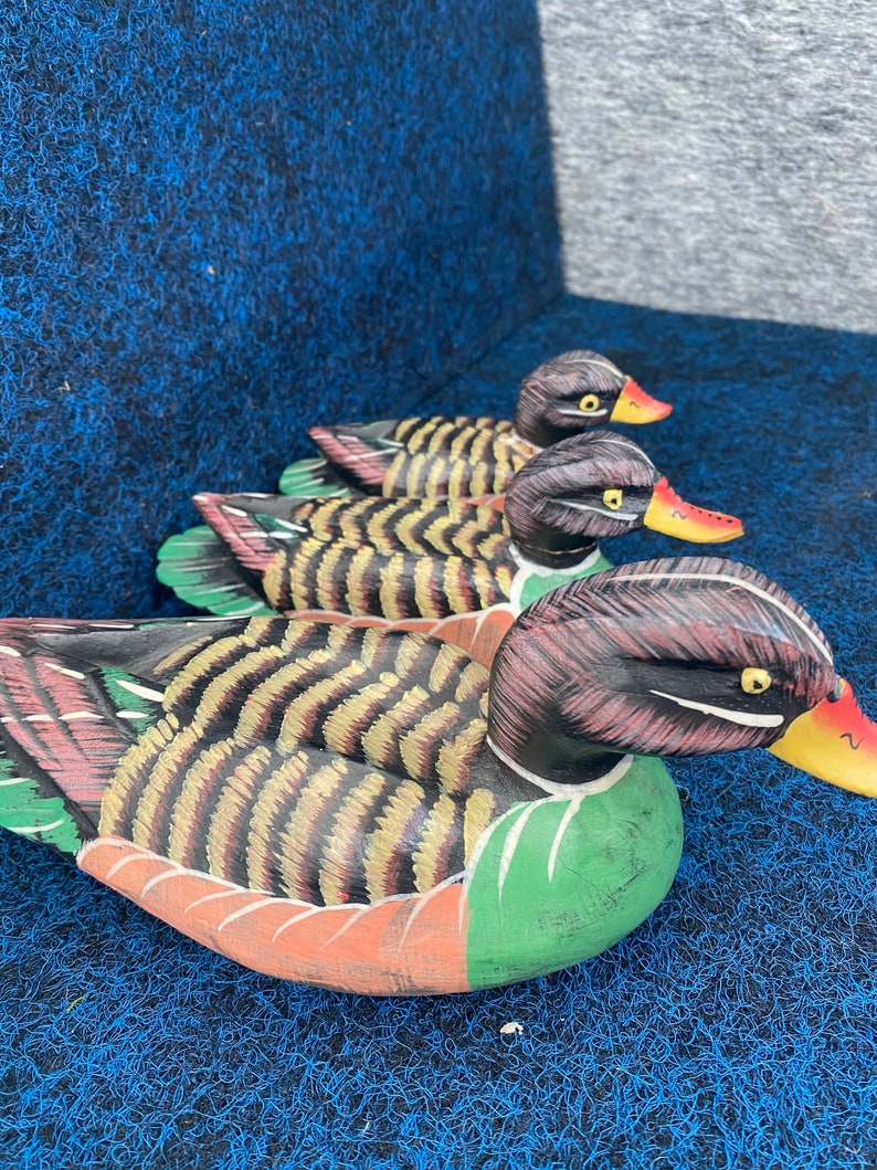 3 Set Wooden Ducks Hand Carved and Painted Solid Wood