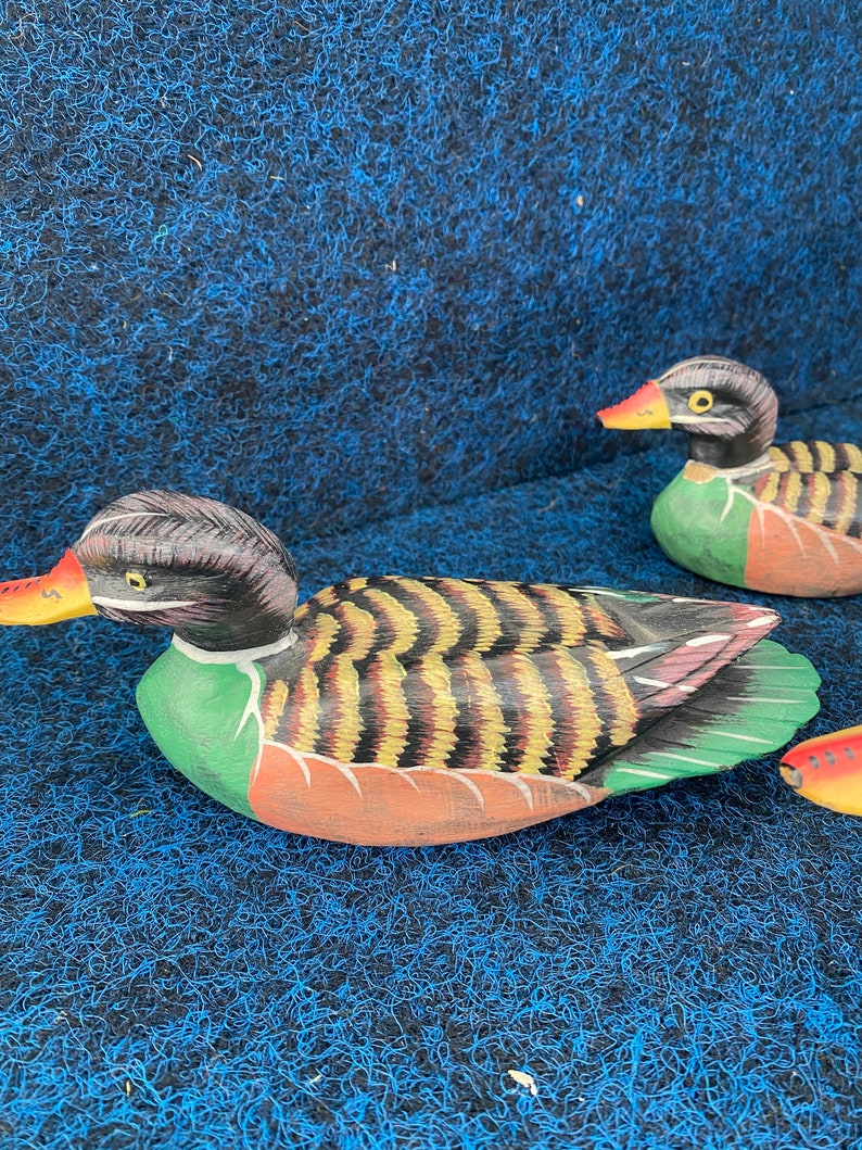 3 Set Wooden Ducks Hand Carved and Painted Solid Wood
