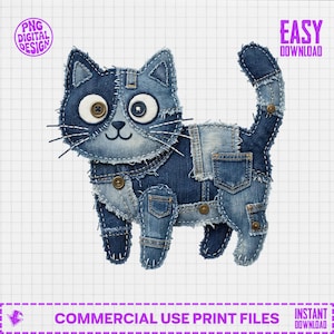 Denim patchwork kat digitaal patroon - schattige volkskunst knuffeldier naaien pdf voor knutselaars en kattenliefhebbers, uniek DIY-knuffelontwerp