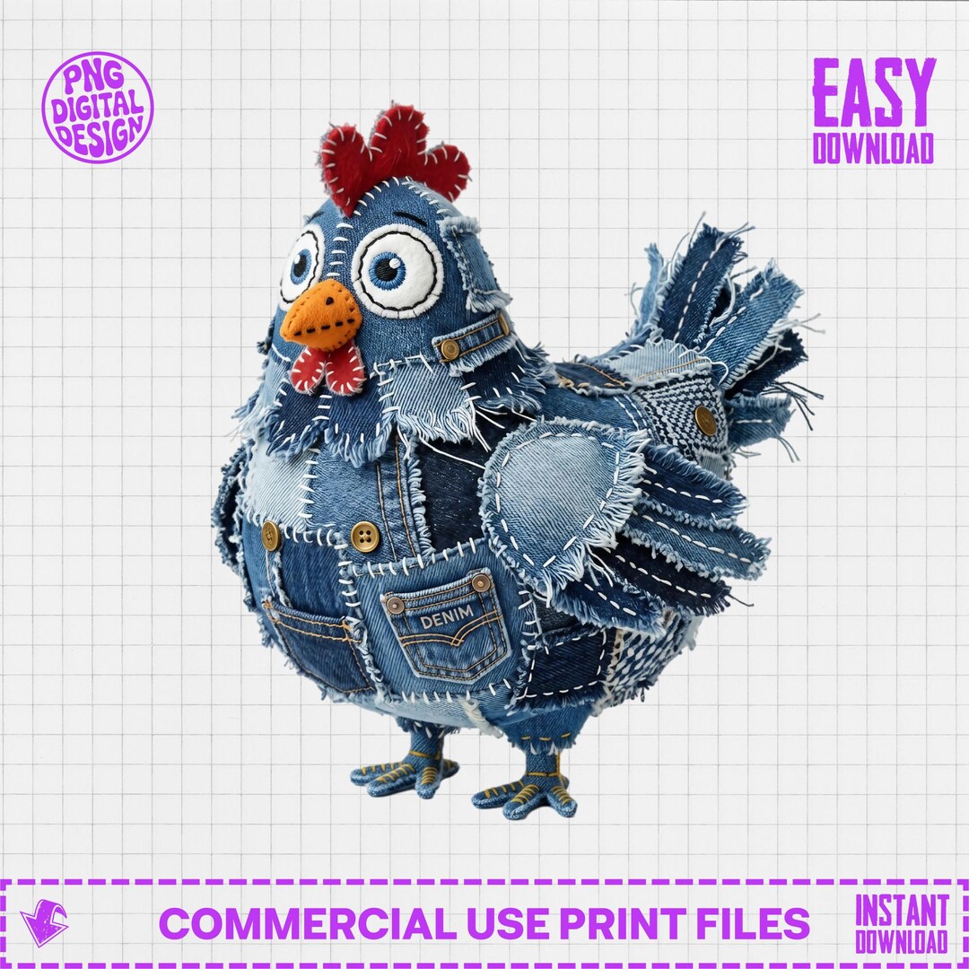 Denim Patchwork Chicken PNG, Cute Hen Sublimation Design, Jean Chicken ...