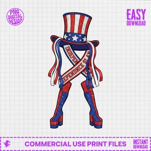 Puede incluir: Un diseño digital patriótico con un sombrero de copa, una banda y botas de plataforma en rojo, blanco y azul. La banda dice "INDEPENDENCE SLAY". El diseño es para archivos de impresión de uso comercial.