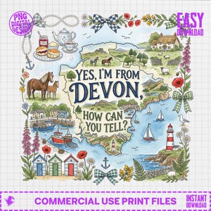Yes I'm From Devon Map PNG Digital Download for Sublimation, English Countryside & Coastal Art, UK Travel Home Decor Gift.