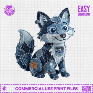Denim Patchwork Fox PNG, söt räv sublimeringsdesign, Jean Fox digital nedladdning, Western Fox skjortdesign