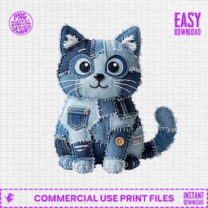 May include: A handmade denim cat plushie with a patchwork design. The cat features large, round eyes, a button nose, and whiskers. A small pocket is sewn onto the front. The image includes the text "PNG DIGITAL DESIGN" and "EASY DOWNLOAD".