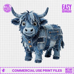Denim Patchwork Highland Kuh PNG, süße Highland Kuh Sublimationsdesign, Jean Kuh digitaler Download, westliche Kuh Shirt Design