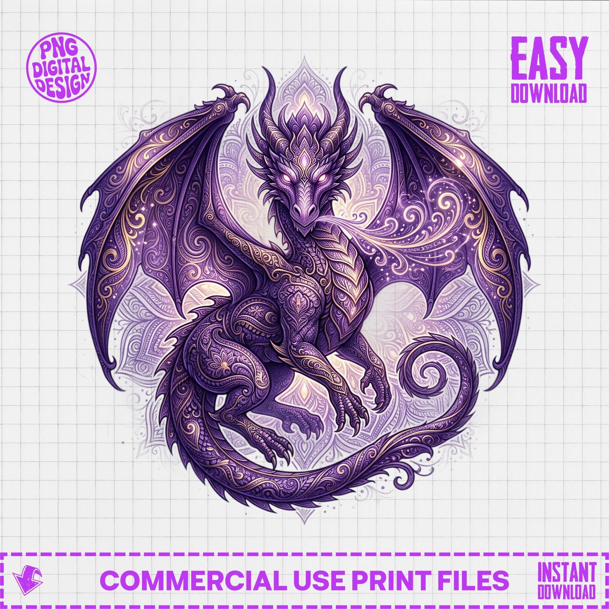 Majestic Purple Dragon Digital PNG Art, Fantasy Gold Effect Sparkle ...