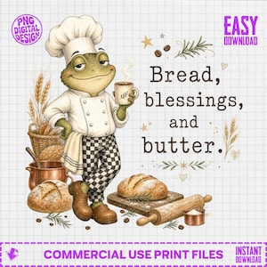 Peut inclure: Une illustration numérique d'une grenouille verte portant une toque de chef blanche, une veste blanche à double boutonnage et un pantalon à carreaux noirs et blancs. La grenouille tient une tasse. Texte : Bread, blessings, and butter.