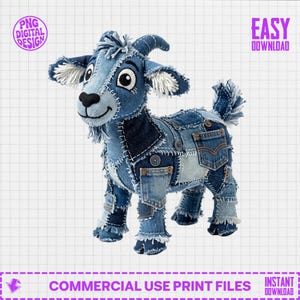 Denim Patchwork Goat Digital Pattern - Cute Folk Art Stuffed Animal Sewing PDF for Crafters & Goat Lovers, Unique DIY Plushie Design