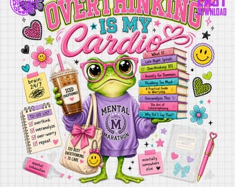 Overthinking is My Cardio PNG, Funny Frog Overthinker Iced Coffee Design, Mental Health Awareness Clipart, Cute Anxious Brain Student Gift
