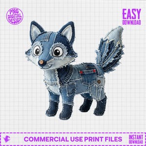 Denim Patchwork Fox PNG, söt räv sublimeringsdesign, Jean Fox digital nedladdning, Western Fox skjortdesign