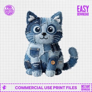 Motif numérique chat en patchwork de denim - mignon animal en peluche d'art populaire à coudre PDF pour les artisans et les amoureux des chats, conception unique de peluche bricolage