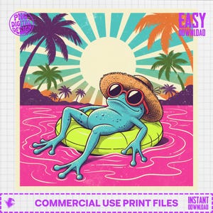 May include: A digital illustration of a blue frog wearing sunglasses and a straw hat, relaxing on a yellow inflatable ring in pink water. Palm trees and a sunburst background complete the tropical scene. Text includes "PNG DIGITAL DESIGN" and "EASY DOWNLOAD".