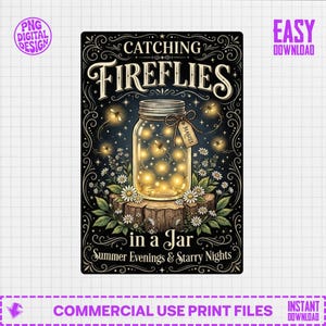 Summer Fireflies in a Jar PNG Design | Catching Lightning Bugs Sublimation for Starry Nights & Evenings