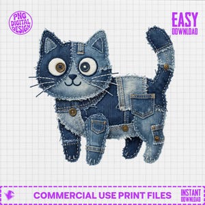 Puede incluir: Ilustración de un gato de mezclilla patchwork. El gato está hecho de varios tonos de mezclilla azul, con ojos de botón y bigotes cosidos. La imagen incluye el texto "PNG DIGITAL DESIGN", "EASY DOWNLOAD", "COMMERCIAL USE PRINT FILES" e "INSTANT DOWNLOAD".