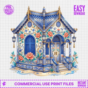 Chinoiserie House PNG Clipart | Blue and White Cottage Art, Ornate Peony Floral Home Illustration, Coastal Decor Digital Download