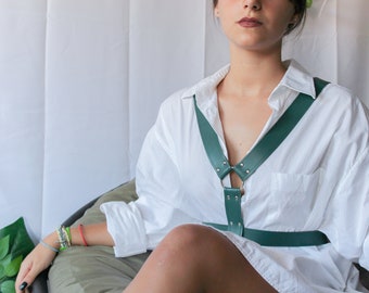 Green leather harness for women | Fetish cage bra harness | Vegan leather chest harness | Goth harness with suspenders