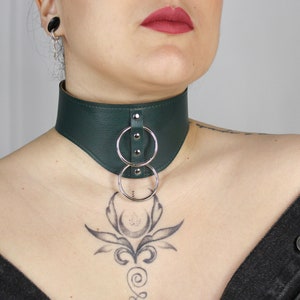 Faux leather choker with double ring, Adjustable leather necklace, Double O ring collar for women, Wide faux leather choker