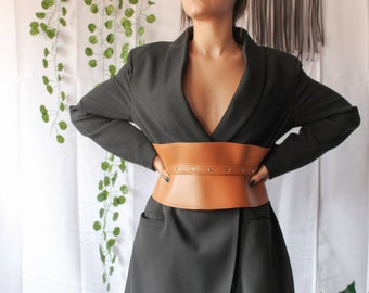 Rocker leather wrap ffitted belt | Adjustable obi leather belt | Soft leather maxi belt for women | Goth leather wide belt