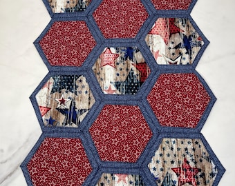 Handmade Patriotic Hexagon Table Runner, Americana Farmhouse Denim Quilt, 4th of July Decor
