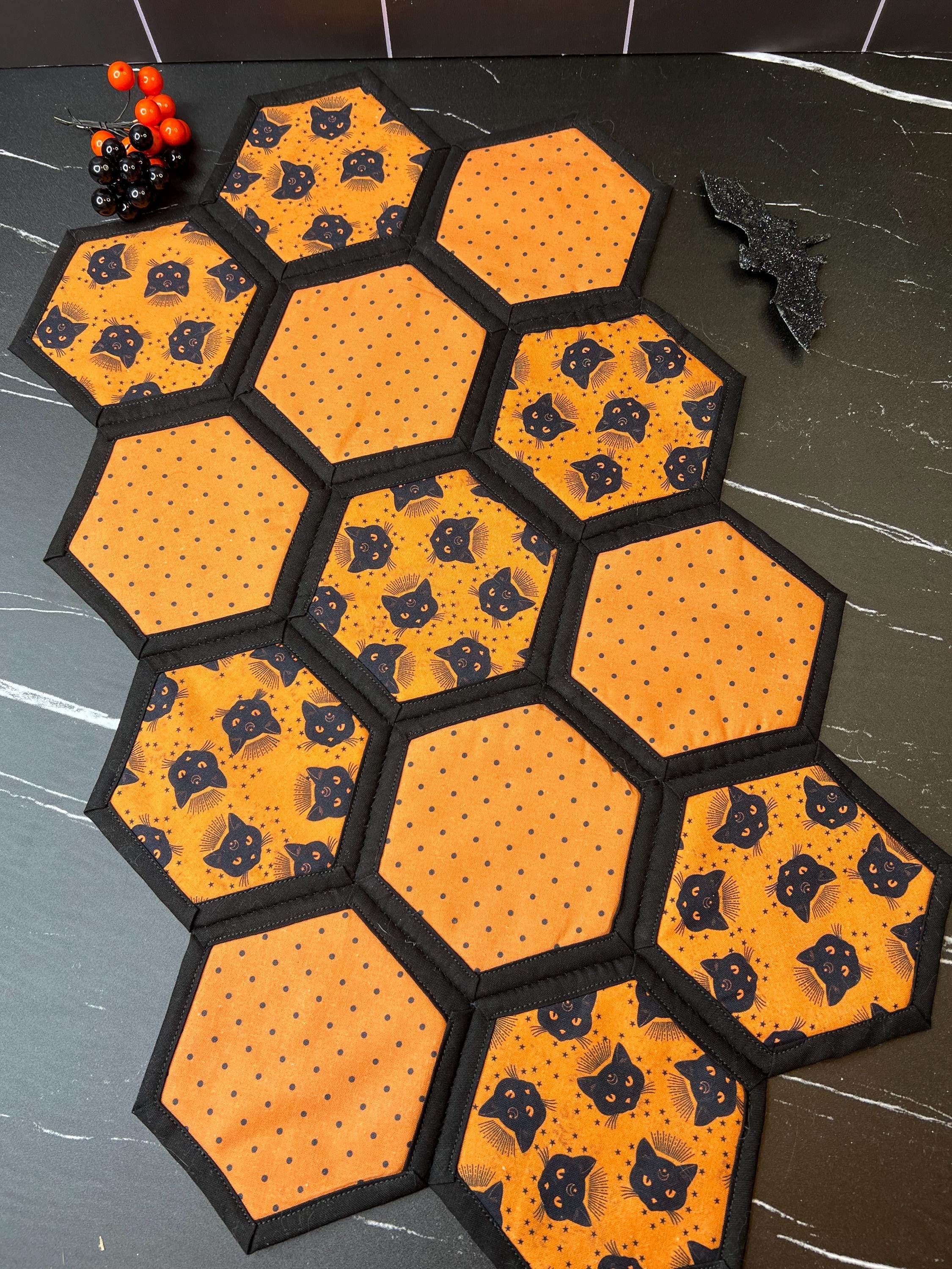 Quilted Halloween Table Runner: Black Cat & Orange Hexagon Decor - Etsy