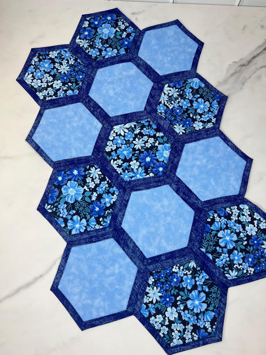 Handmade Blue Floral Quilted Table Runner, Honeycomb Patchwork Decor - Etsy