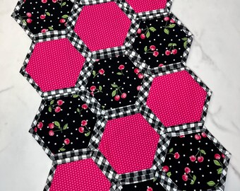 Handmade Quilted Cherry Gingham Table Runner: Farmhouse Cottage Decor