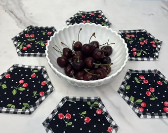 Quilted Cherry Coasters: Black and White Gingham Farmhouse Decor