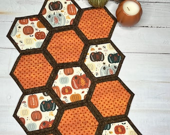 Hand Sewn Pumpkin Table Runner: Fall Hexagon Decor