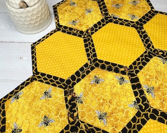 Handmade Bee Table Runner: Honeycomb Hexagon Farmhouse Decor