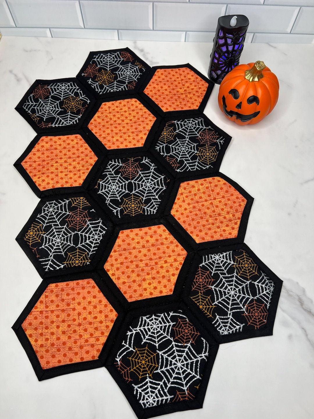 Handmade Halloween Table Runner: Spider Web Hexagon Quilted Centerpiece ...