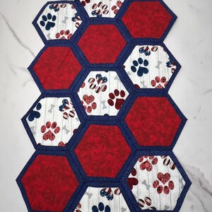 Patriotic Paw Print Table Runner – Quilted Red White Blue Dog Decor – Americana Farmhouse Decor