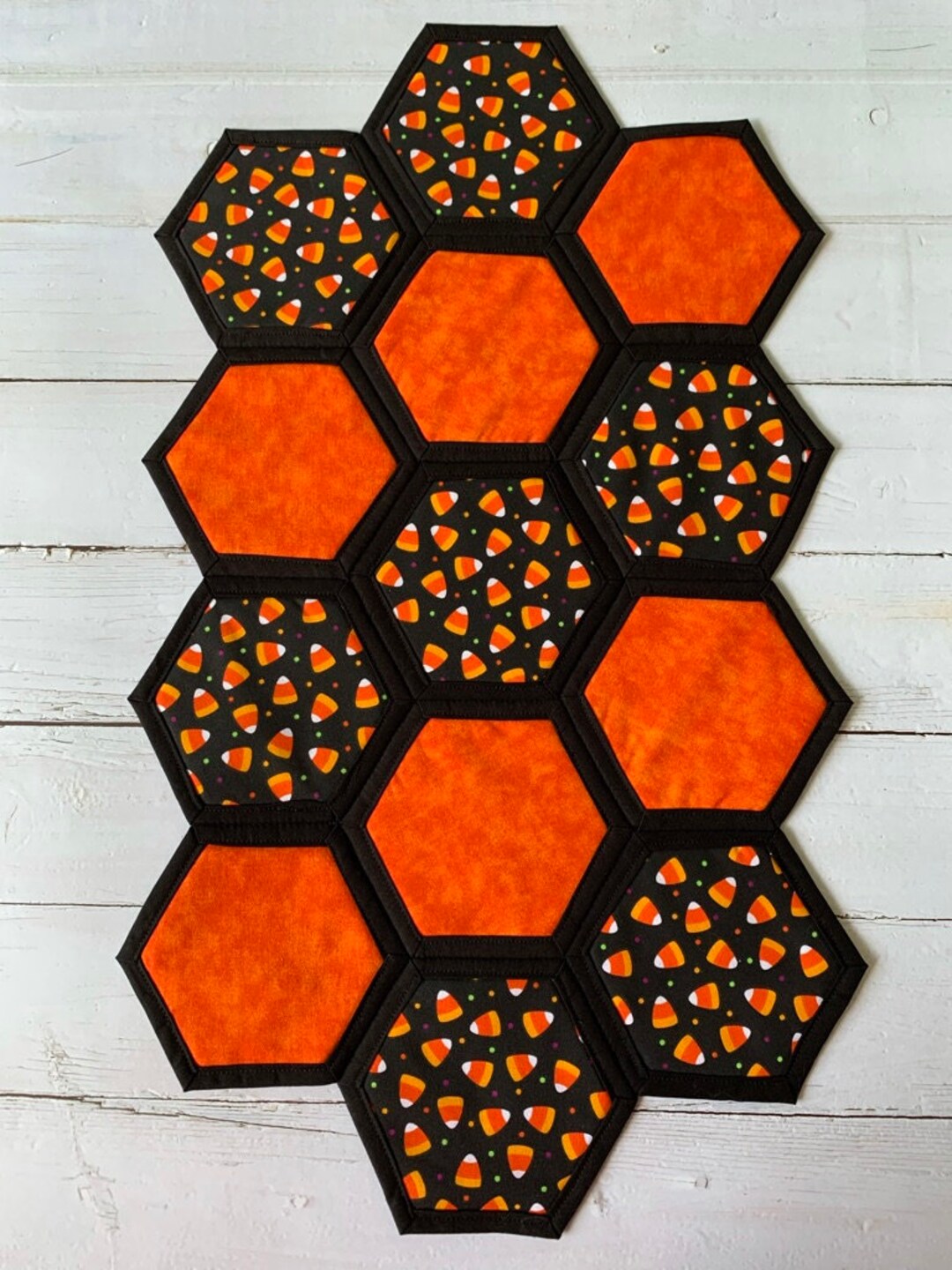 Candy Corn Quilted Table Runner: Halloween Hexagon Centerpiece - Etsy