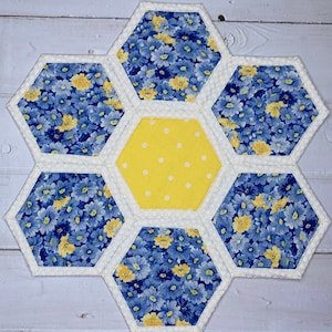 Blue and Yellow Floral centerpiece / spring quilted table topper / coffee table decor / end table decor / candle mat / placemat