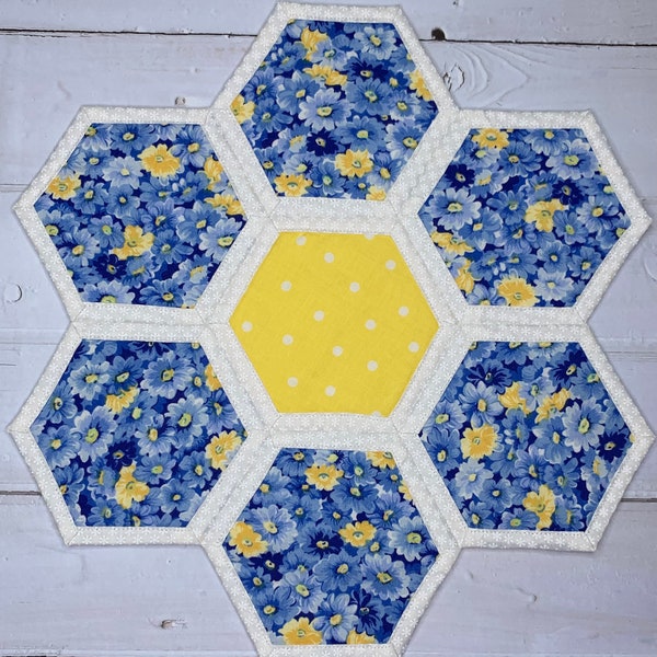 Blue and Yellow Floral centerpiece / spring quilted table topper / coffee table decor / end table decor / candle mat / placemat