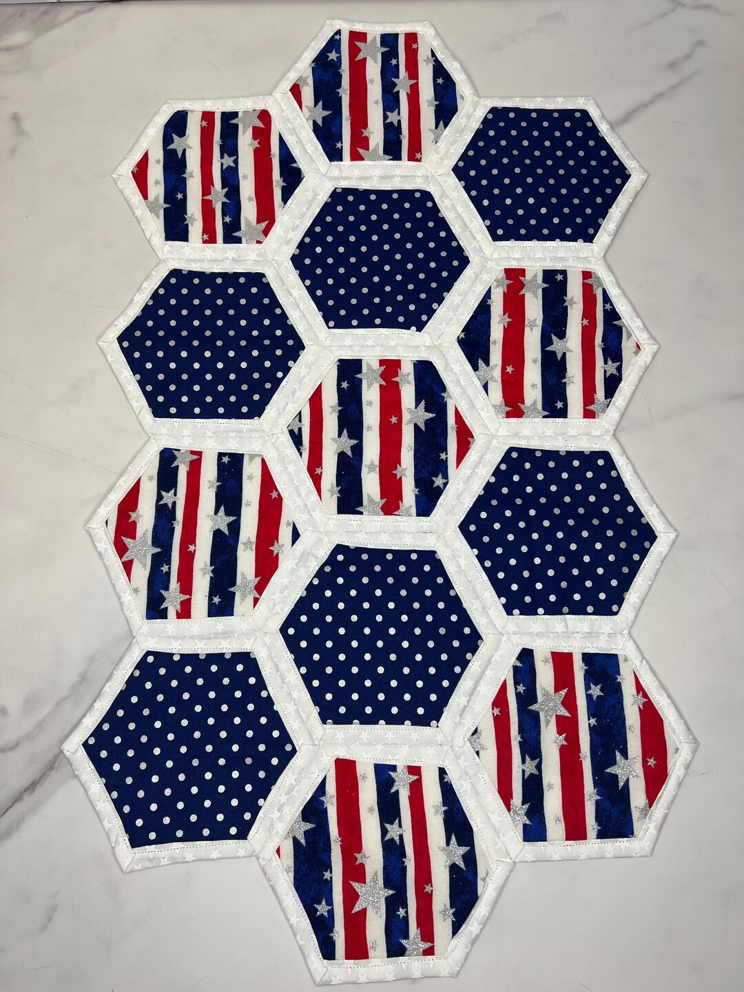 Handmade Patriotic Quilted Table Runner, Red White Blue Hexagon ...